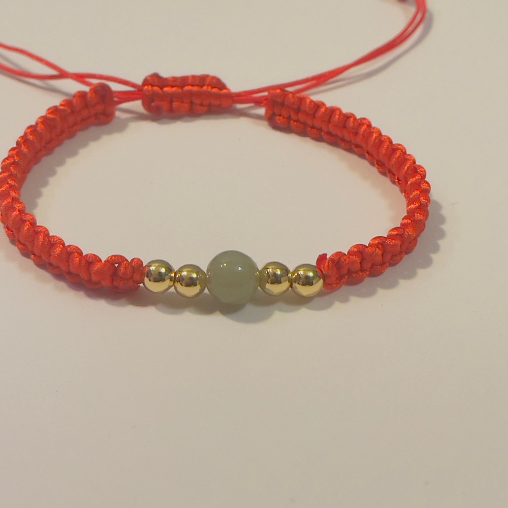 Red Braided Bracelet with Gold Beads with Myanmar Jade / red string bracelet
